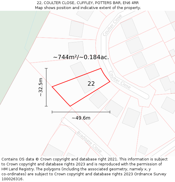 22, COULTER CLOSE, CUFFLEY, POTTERS BAR, EN6 4RR: Plot and title map