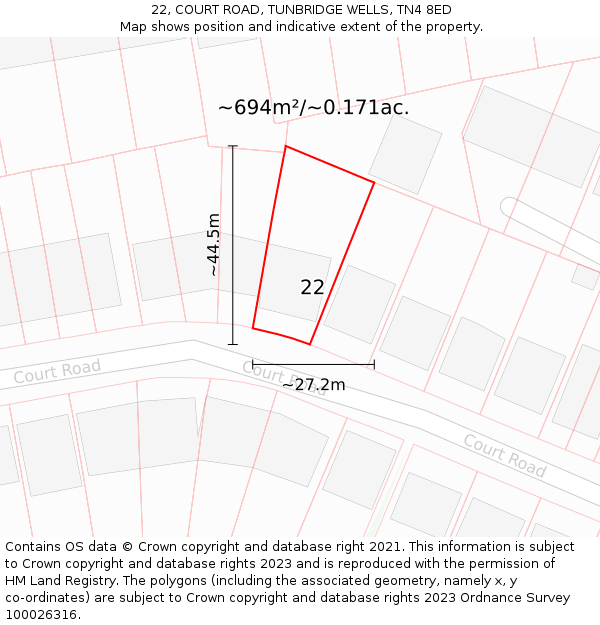 22, COURT ROAD, TUNBRIDGE WELLS, TN4 8ED: Plot and title map