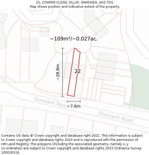 22, COWPER CLOSE, KILLAY, SWANSEA, SA2 7DG: Plot and title map