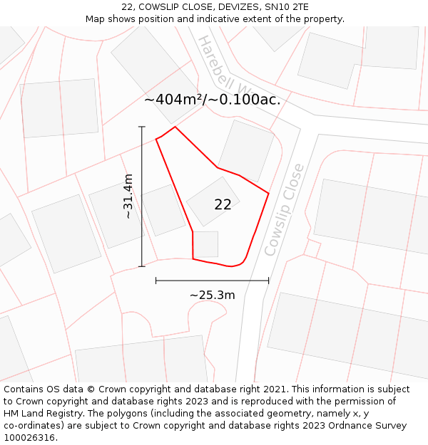22, COWSLIP CLOSE, DEVIZES, SN10 2TE: Plot and title map