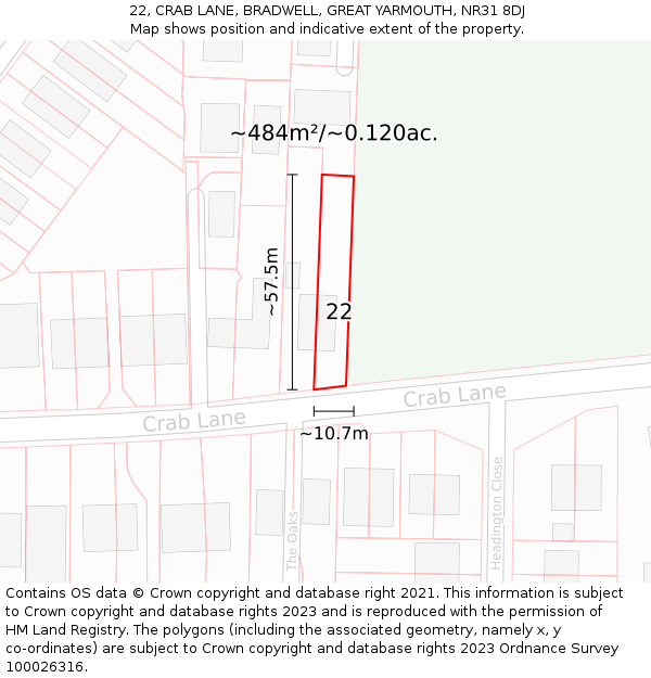 22, CRAB LANE, BRADWELL, GREAT YARMOUTH, NR31 8DJ: Plot and title map