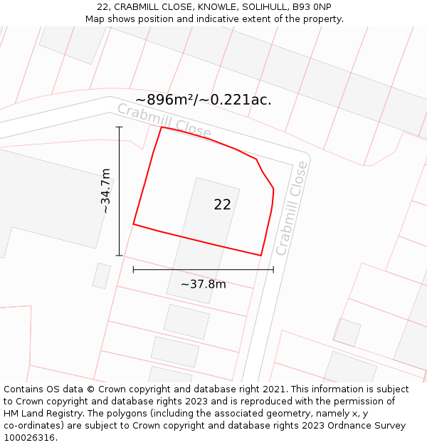 22, CRABMILL CLOSE, KNOWLE, SOLIHULL, B93 0NP: Plot and title map
