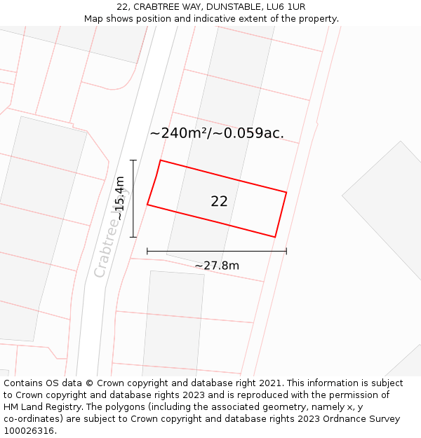 22, CRABTREE WAY, DUNSTABLE, LU6 1UR: Plot and title map