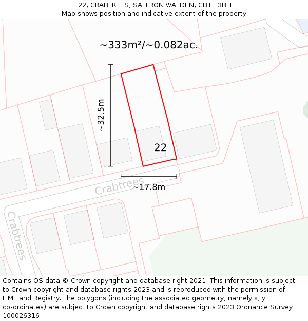 22, CRABTREES, SAFFRON WALDEN, CB11 3BH: Plot and title map