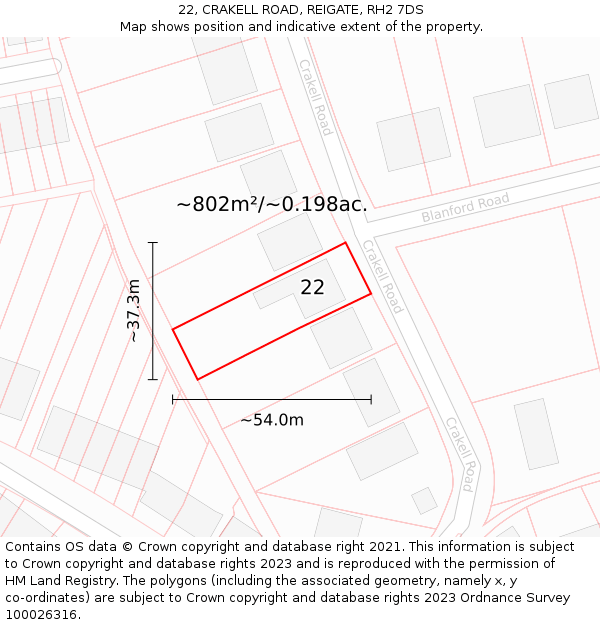 22, CRAKELL ROAD, REIGATE, RH2 7DS: Plot and title map