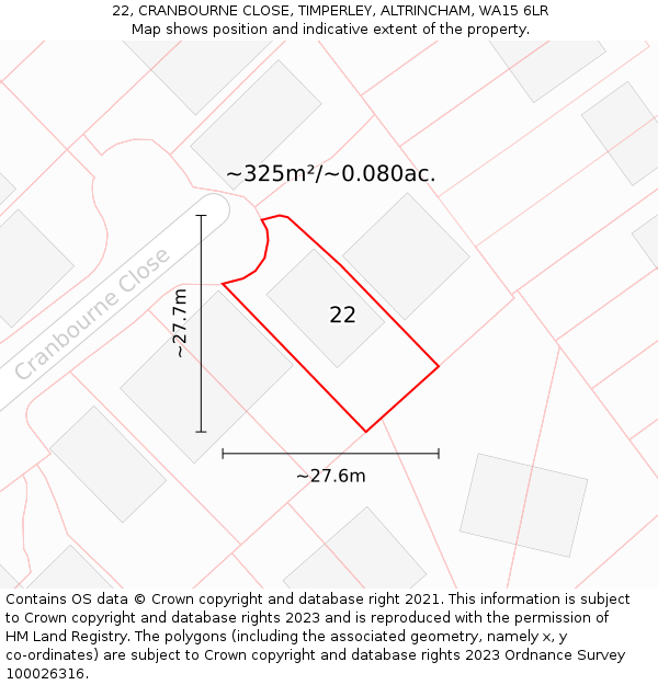 22, CRANBOURNE CLOSE, TIMPERLEY, ALTRINCHAM, WA15 6LR: Plot and title map