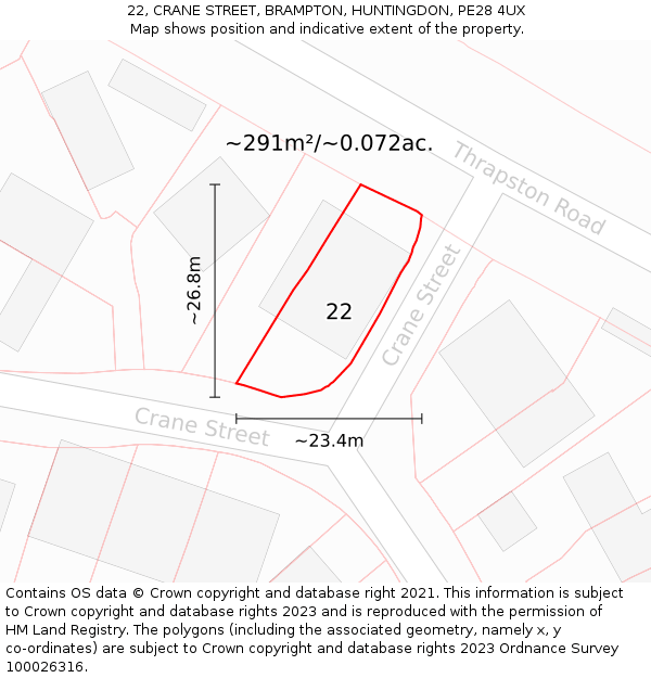 22, CRANE STREET, BRAMPTON, HUNTINGDON, PE28 4UX: Plot and title map