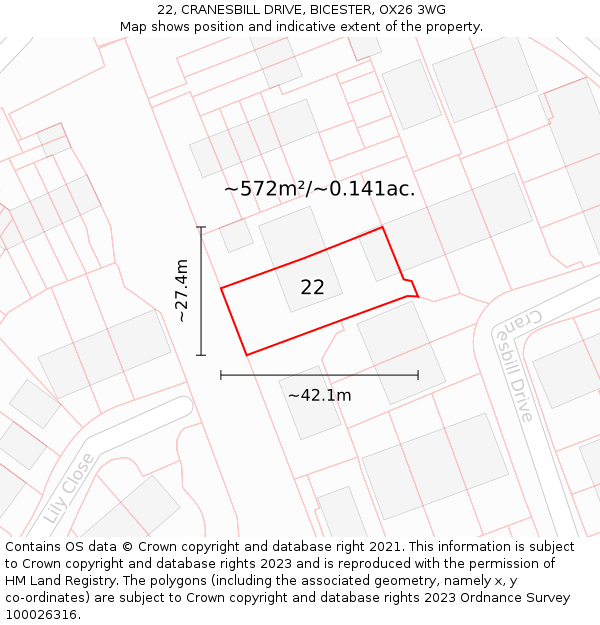 22, CRANESBILL DRIVE, BICESTER, OX26 3WG: Plot and title map