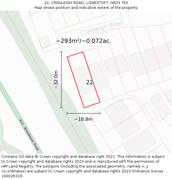22, CRANLEIGH ROAD, LOWESTOFT, NR33 7EX: Plot and title map