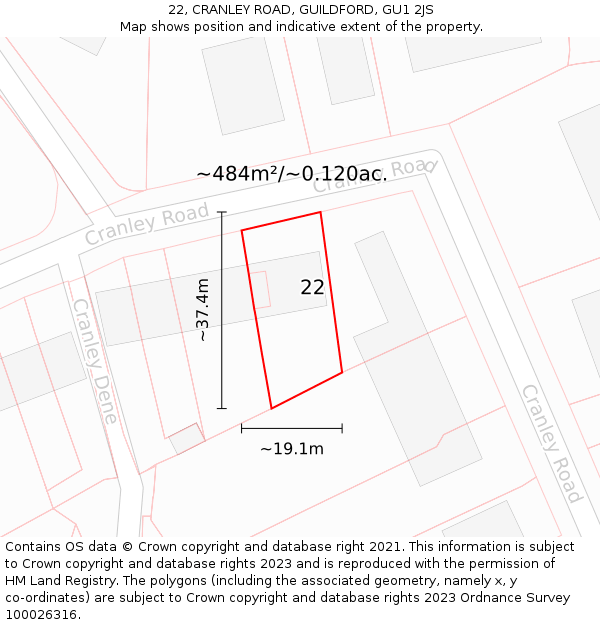 22, CRANLEY ROAD, GUILDFORD, GU1 2JS: Plot and title map