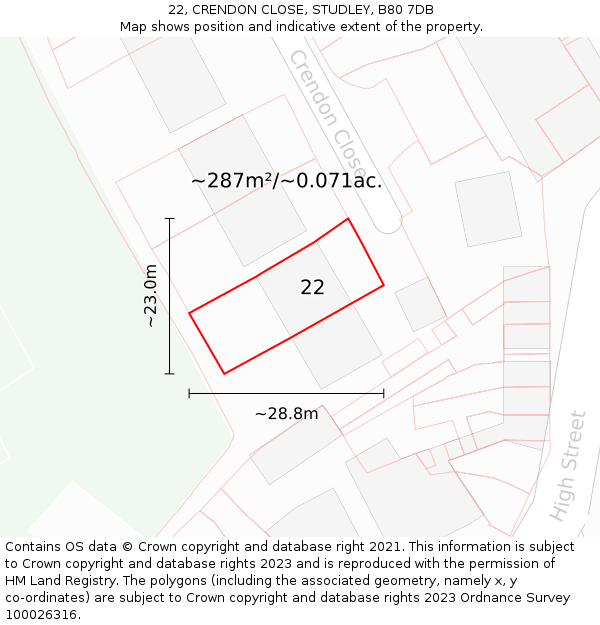 22, CRENDON CLOSE, STUDLEY, B80 7DB: Plot and title map