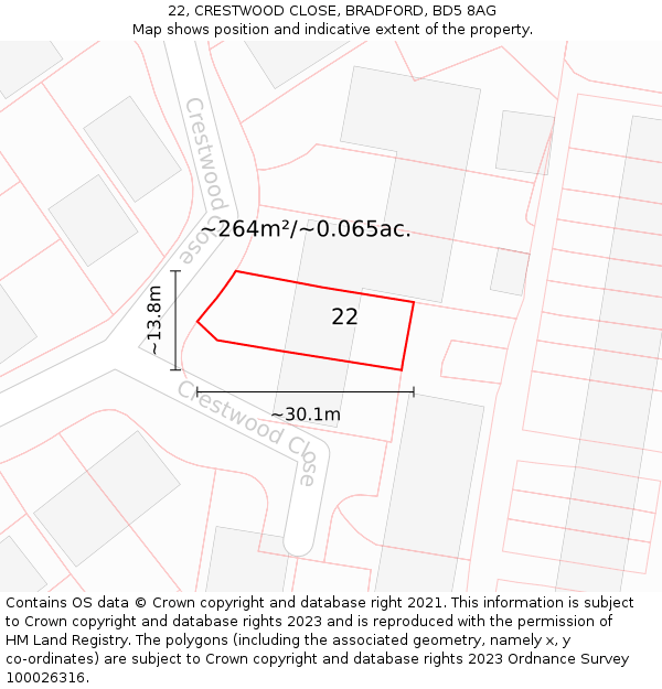 22, CRESTWOOD CLOSE, BRADFORD, BD5 8AG: Plot and title map