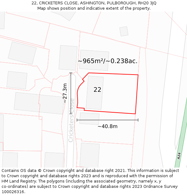 22, CRICKETERS CLOSE, ASHINGTON, PULBOROUGH, RH20 3JQ: Plot and title map
