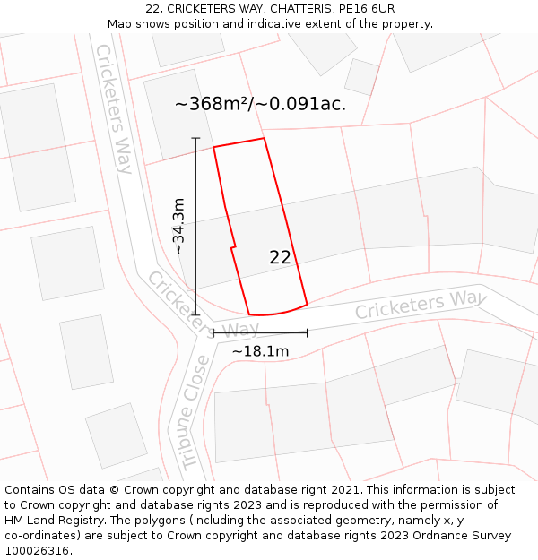 22, CRICKETERS WAY, CHATTERIS, PE16 6UR: Plot and title map