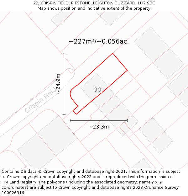 22, CRISPIN FIELD, PITSTONE, LEIGHTON BUZZARD, LU7 9BG: Plot and title map