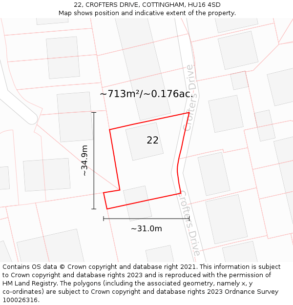 22, CROFTERS DRIVE, COTTINGHAM, HU16 4SD: Plot and title map