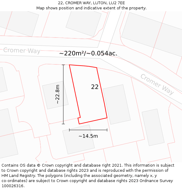 22, CROMER WAY, LUTON, LU2 7EE: Plot and title map