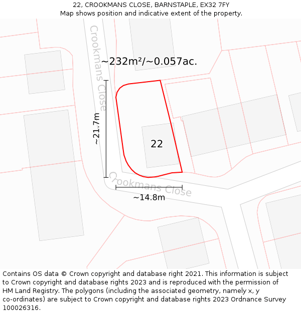 22, CROOKMANS CLOSE, BARNSTAPLE, EX32 7FY: Plot and title map