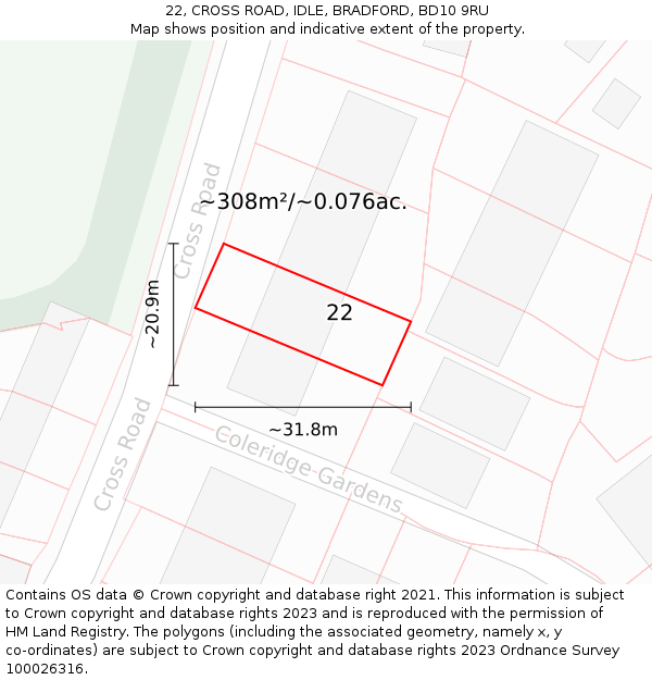 22, CROSS ROAD, IDLE, BRADFORD, BD10 9RU: Plot and title map