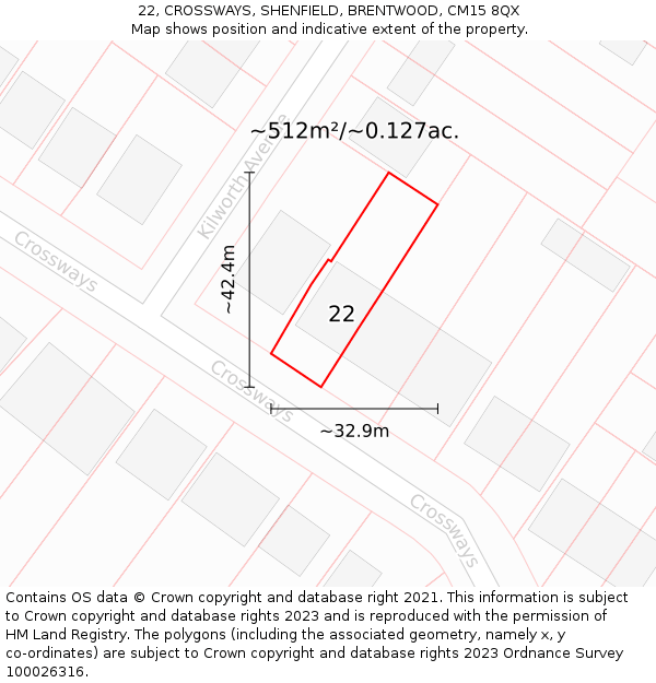 22, CROSSWAYS, SHENFIELD, BRENTWOOD, CM15 8QX: Plot and title map