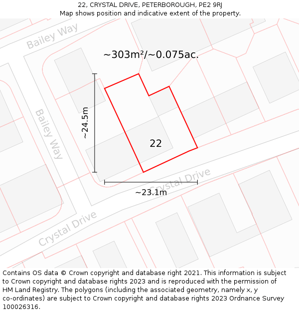 22, CRYSTAL DRIVE, PETERBOROUGH, PE2 9RJ: Plot and title map