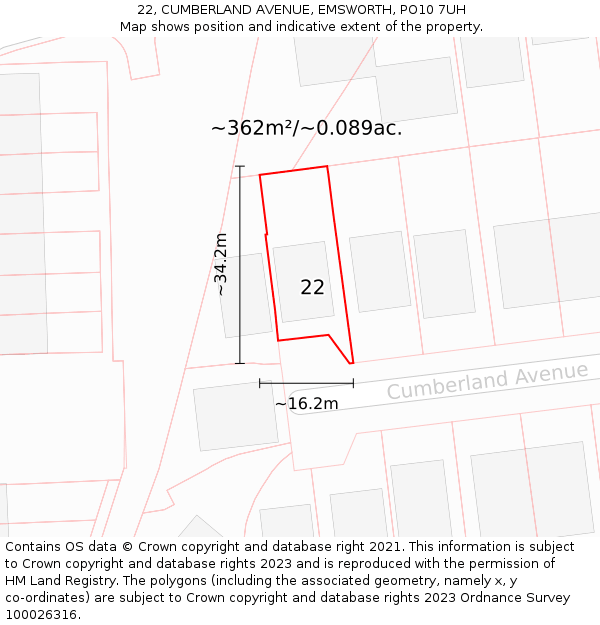 22, CUMBERLAND AVENUE, EMSWORTH, PO10 7UH: Plot and title map