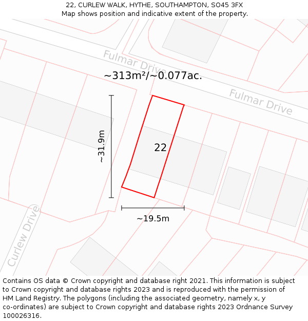 22, CURLEW WALK, HYTHE, SOUTHAMPTON, SO45 3FX: Plot and title map