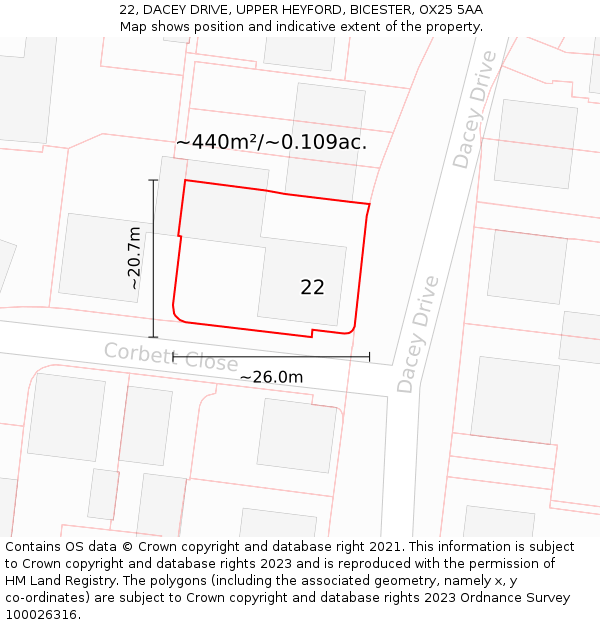 22, DACEY DRIVE, UPPER HEYFORD, BICESTER, OX25 5AA: Plot and title map