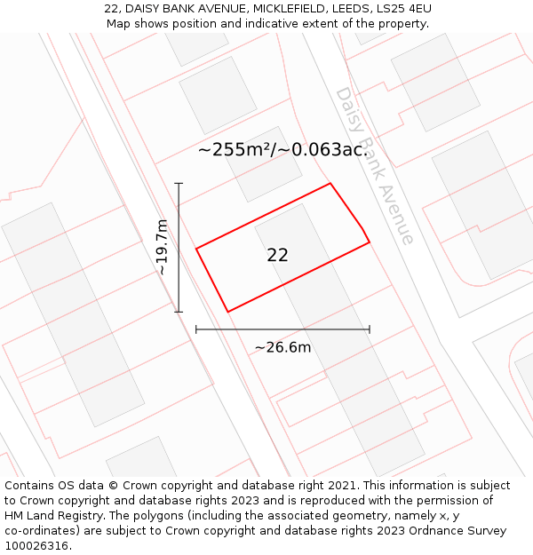 22, DAISY BANK AVENUE, MICKLEFIELD, LEEDS, LS25 4EU: Plot and title map
