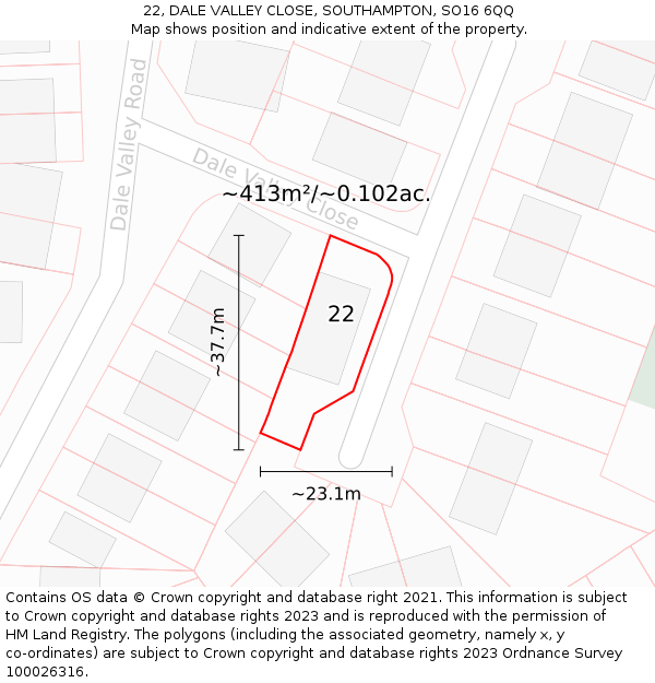 22, DALE VALLEY CLOSE, SOUTHAMPTON, SO16 6QQ: Plot and title map