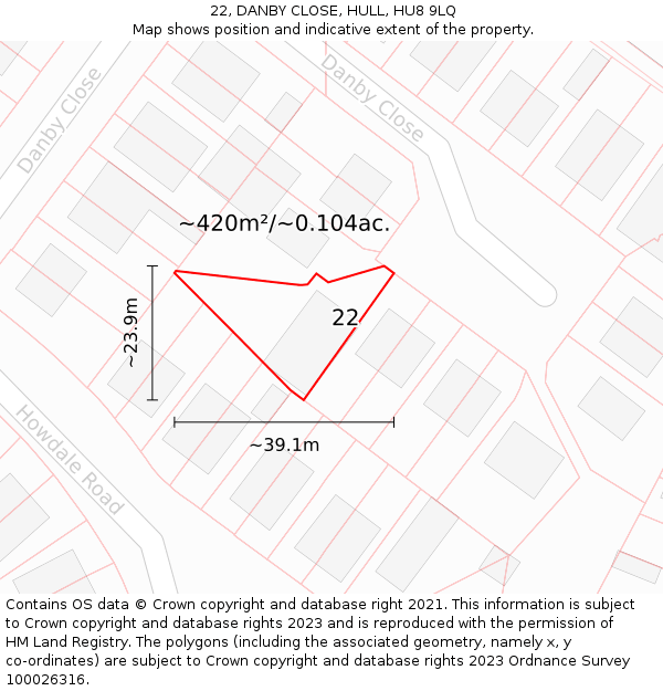 22, DANBY CLOSE, HULL, HU8 9LQ: Plot and title map