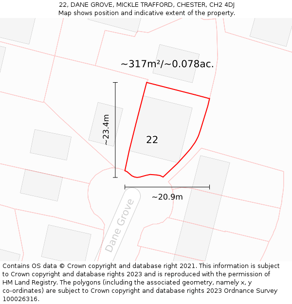 22, DANE GROVE, MICKLE TRAFFORD, CHESTER, CH2 4DJ: Plot and title map