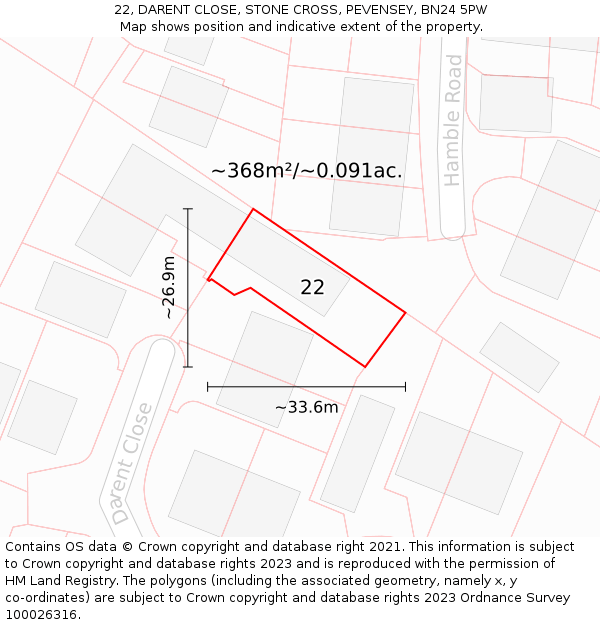 22, DARENT CLOSE, STONE CROSS, PEVENSEY, BN24 5PW: Plot and title map