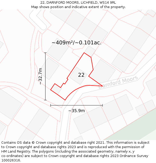 22, DARNFORD MOORS, LICHFIELD, WS14 9RL: Plot and title map