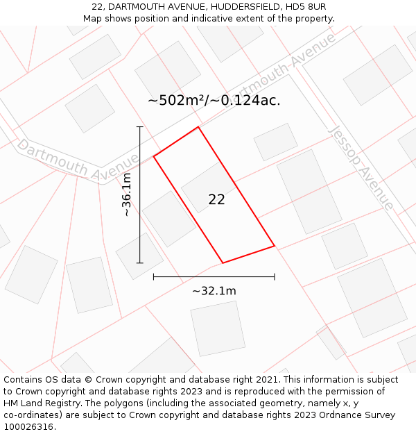 22, DARTMOUTH AVENUE, HUDDERSFIELD, HD5 8UR: Plot and title map