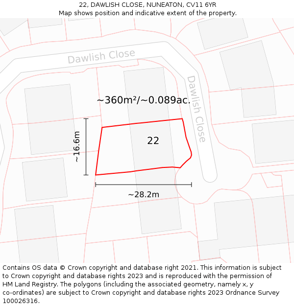 22, DAWLISH CLOSE, NUNEATON, CV11 6YR: Plot and title map