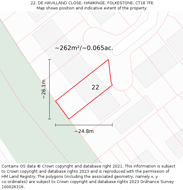 22, DE HAVILLAND CLOSE, HAWKINGE, FOLKESTONE, CT18 7FE: Plot and title map