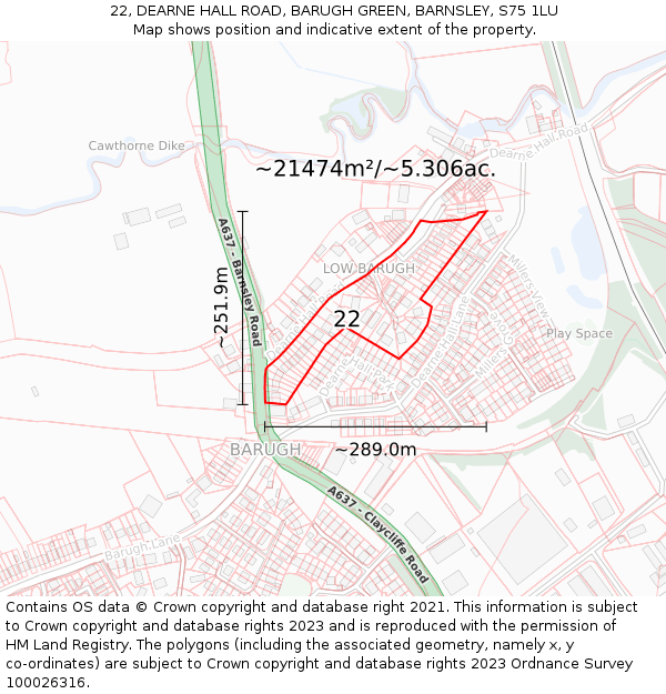 22, DEARNE HALL ROAD, BARUGH GREEN, BARNSLEY, S75 1LU: Plot and title map