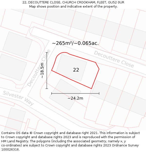 22, DECOUTTERE CLOSE, CHURCH CROOKHAM, FLEET, GU52 0UR: Plot and title map
