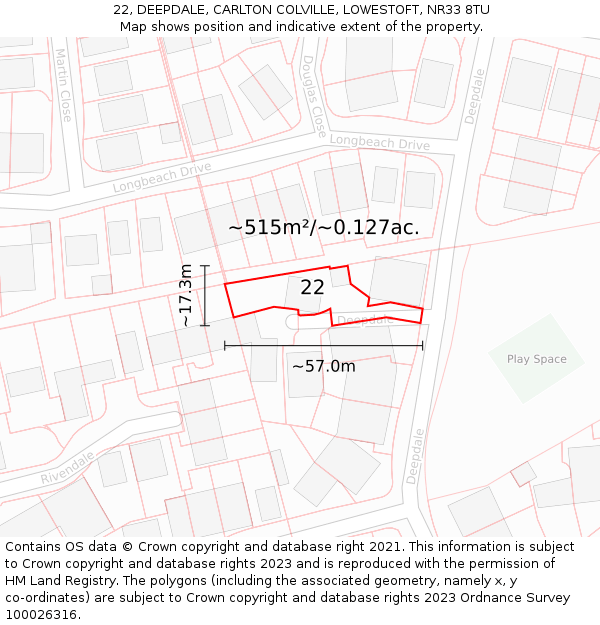 22, DEEPDALE, CARLTON COLVILLE, LOWESTOFT, NR33 8TU: Plot and title map
