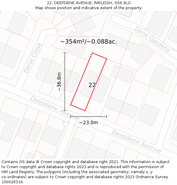 22, DEEPDENE AVENUE, RAYLEIGH, SS6 9LG: Plot and title map