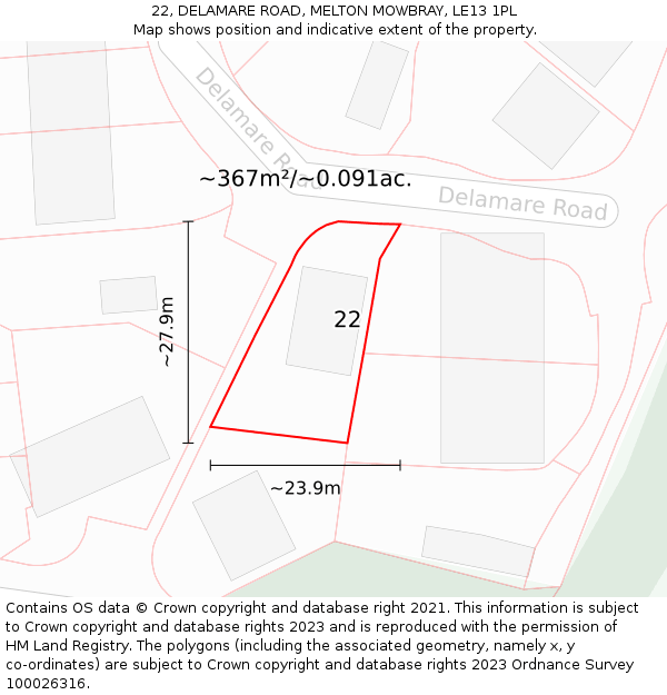 22, DELAMARE ROAD, MELTON MOWBRAY, LE13 1PL: Plot and title map