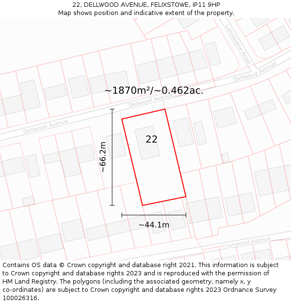 22, DELLWOOD AVENUE, FELIXSTOWE, IP11 9HP: Plot and title map