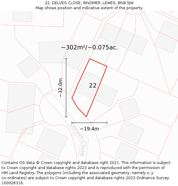 22, DELVES CLOSE, RINGMER, LEWES, BN8 5JW: Plot and title map