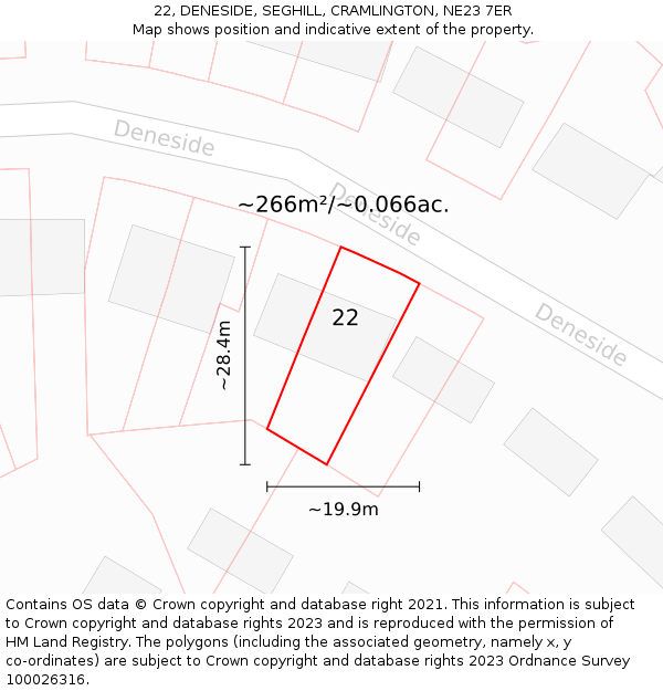 22, DENESIDE, SEGHILL, CRAMLINGTON, NE23 7ER: Plot and title map
