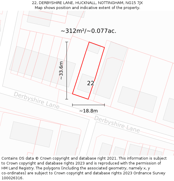 22, DERBYSHIRE LANE, HUCKNALL, NOTTINGHAM, NG15 7JX: Plot and title map