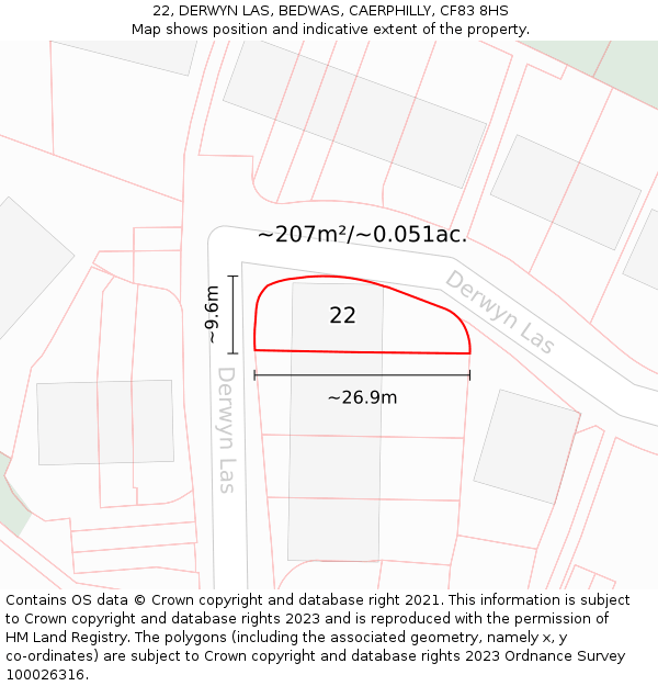 22, DERWYN LAS, BEDWAS, CAERPHILLY, CF83 8HS: Plot and title map