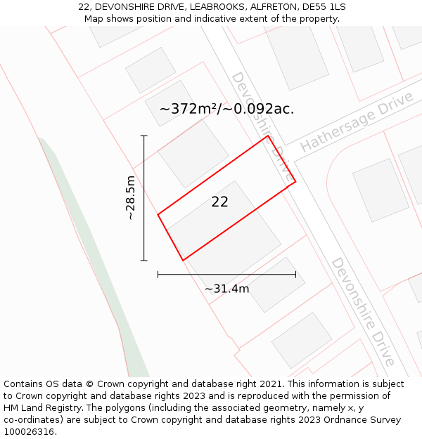 22, DEVONSHIRE DRIVE, LEABROOKS, ALFRETON, DE55 1LS: Plot and title map