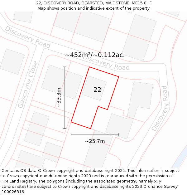 22, DISCOVERY ROAD, BEARSTED, MAIDSTONE, ME15 8HF: Plot and title map