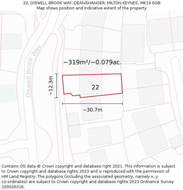 22, DISWELL BROOK WAY, DEANSHANGER, MILTON KEYNES, MK19 6GB: Plot and title map